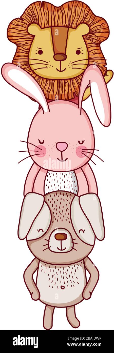 cute animals, cartoon piled up lion rabbit dog isolated icon design ...