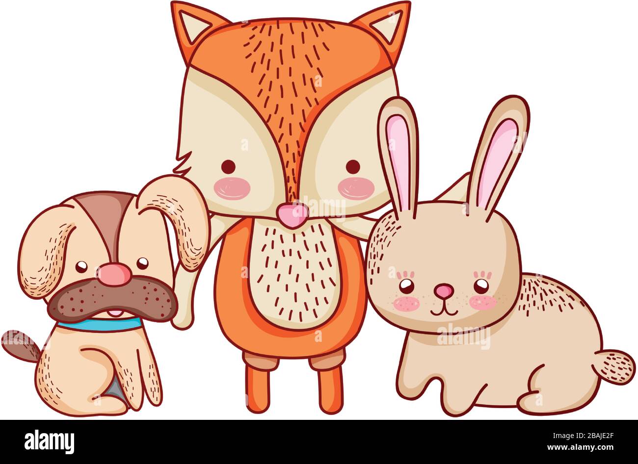cute animals, puppy dog fox and rabbit nature cartoon isolated icon ...