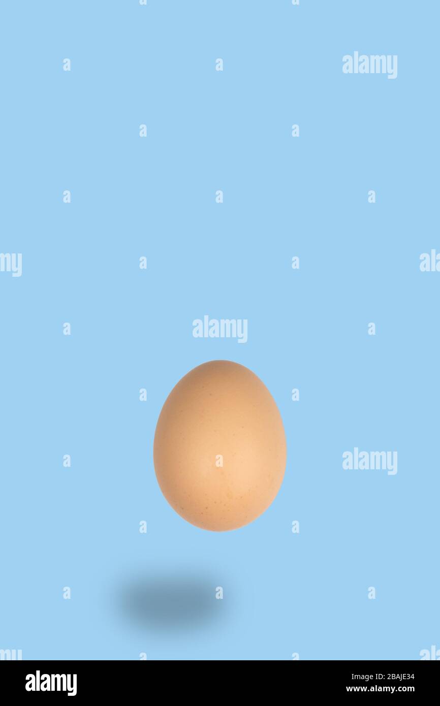 Flying brown egg with light blue background, easter minimal concept with empty space for text Stock Photo