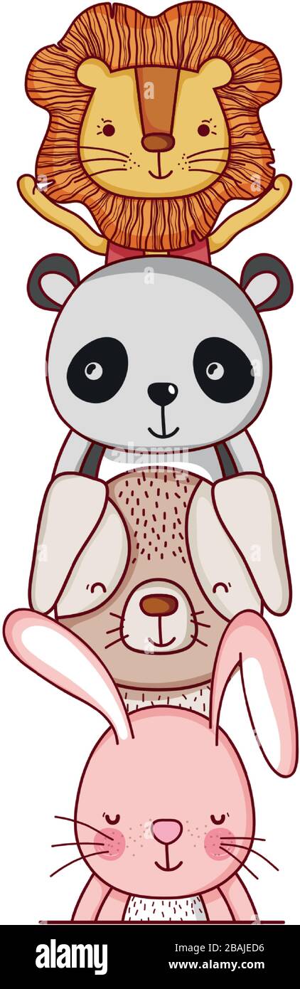 cute animals, cartoon piled up lion rabbit dog and panda vector ...