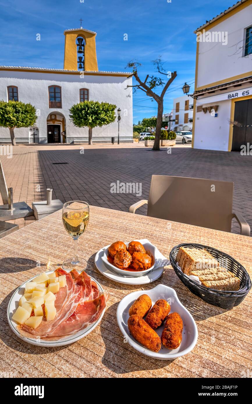 Typical Spanish tapas, Santa Gertrudis de Fruitera, Ibiza, Balearic Islands, Spain Stock Photo