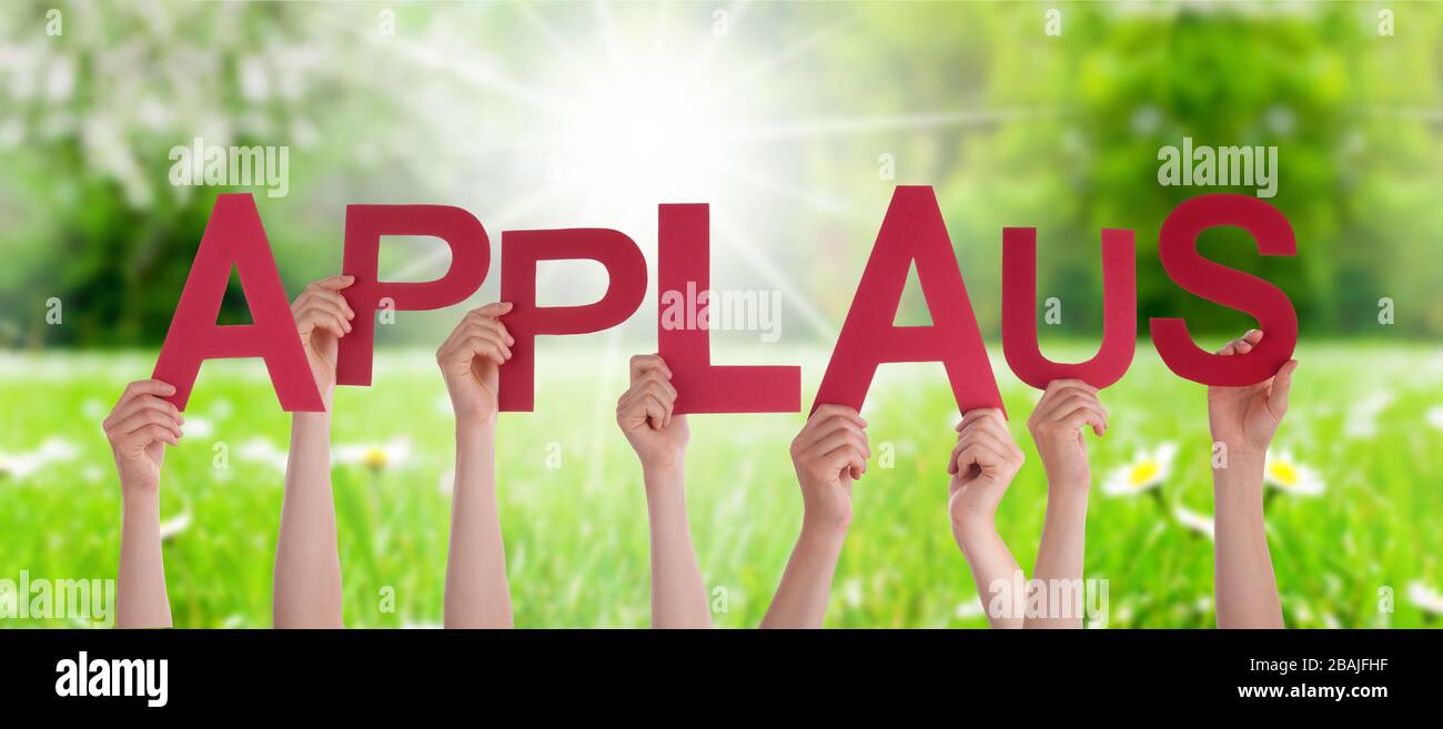 People Hands Holding Word Applaus Means Applause, Grass Meadow Stock Photo