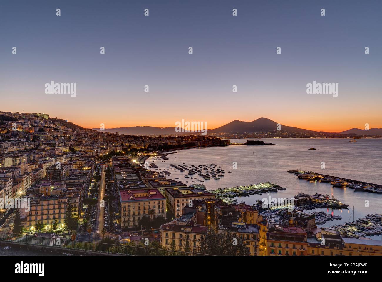 The Gulf of Naples with Mount Vesuvius before sunrise Stock Photo