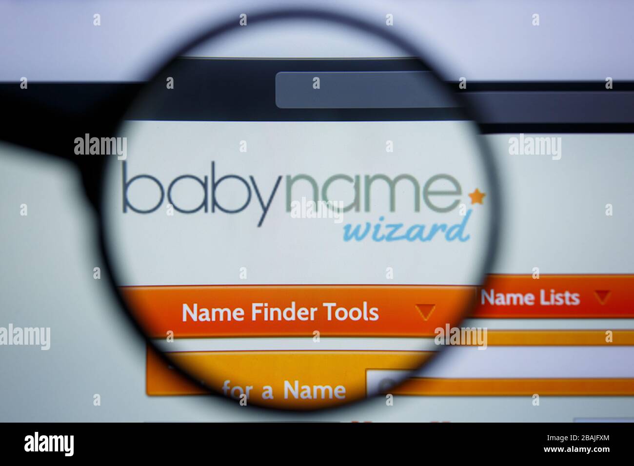 Los Angeles, California, USA - 17 Jule 2019: Illustrative Editorial of BABY NAME WIZARD website homepage. BABY NAME WIZARD logo visible on display screen. Stock Photo