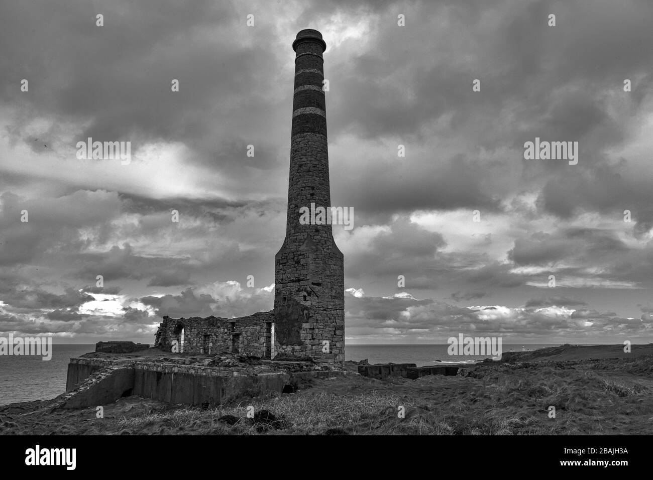 Levant Mine, UNESCO World Heritage Site, Penwith Peninsula, Cornwalll, UK.  Black and white version Stock Photo