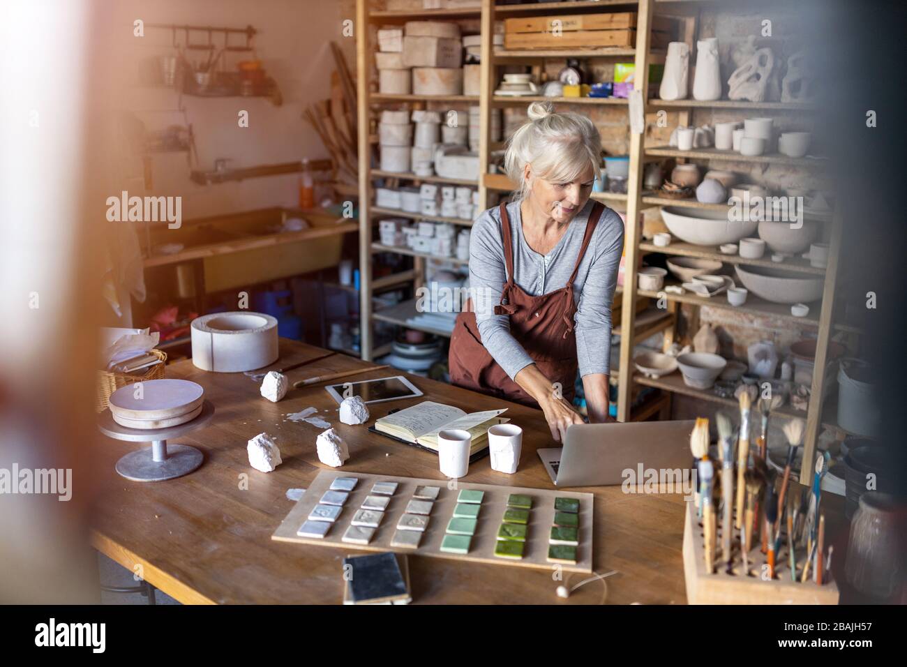 Portrait of senior female pottery artist in her art studio Stock Photo ...