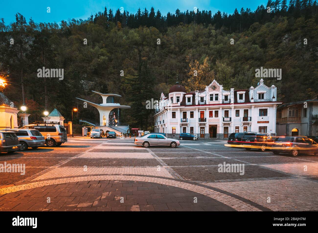 Borjomi, Samtskhe-Javakheti, Georgia - October 24, 2016: Suspended Cableway Road And Entrance To The Park. Famous Local Landmark Is City Park At Autum Stock Photo