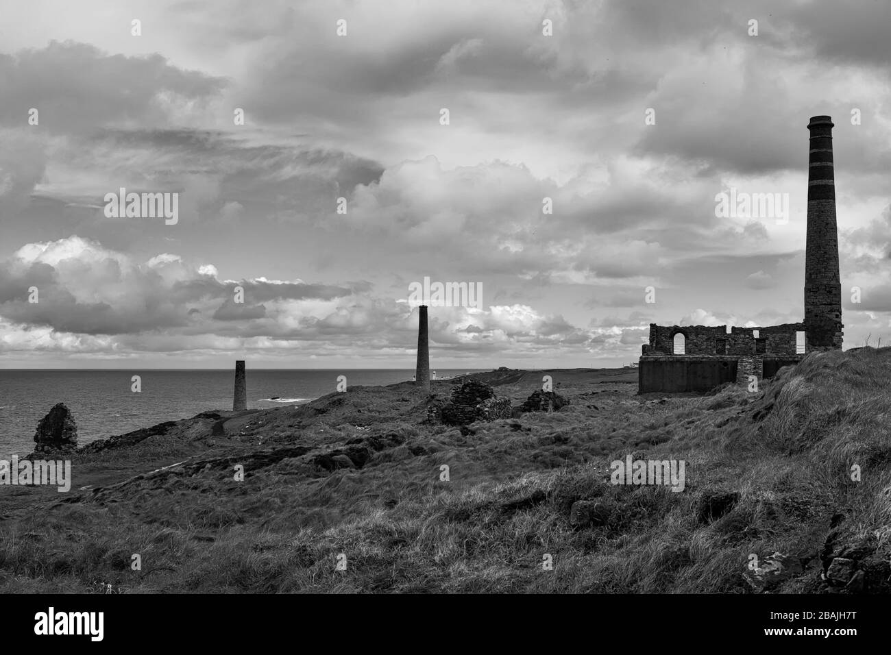 Levant Mine, UNESCO World Heritage Site, Penwith Peninsula, Cornwall, UK.  Black and white version Stock Photo