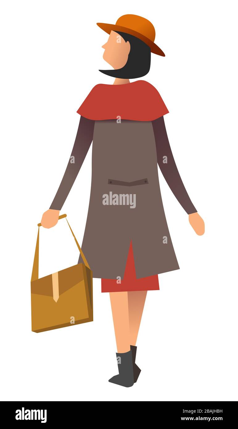 Back view of female wearing coat and cap holding bag accessory vector Stock Vector