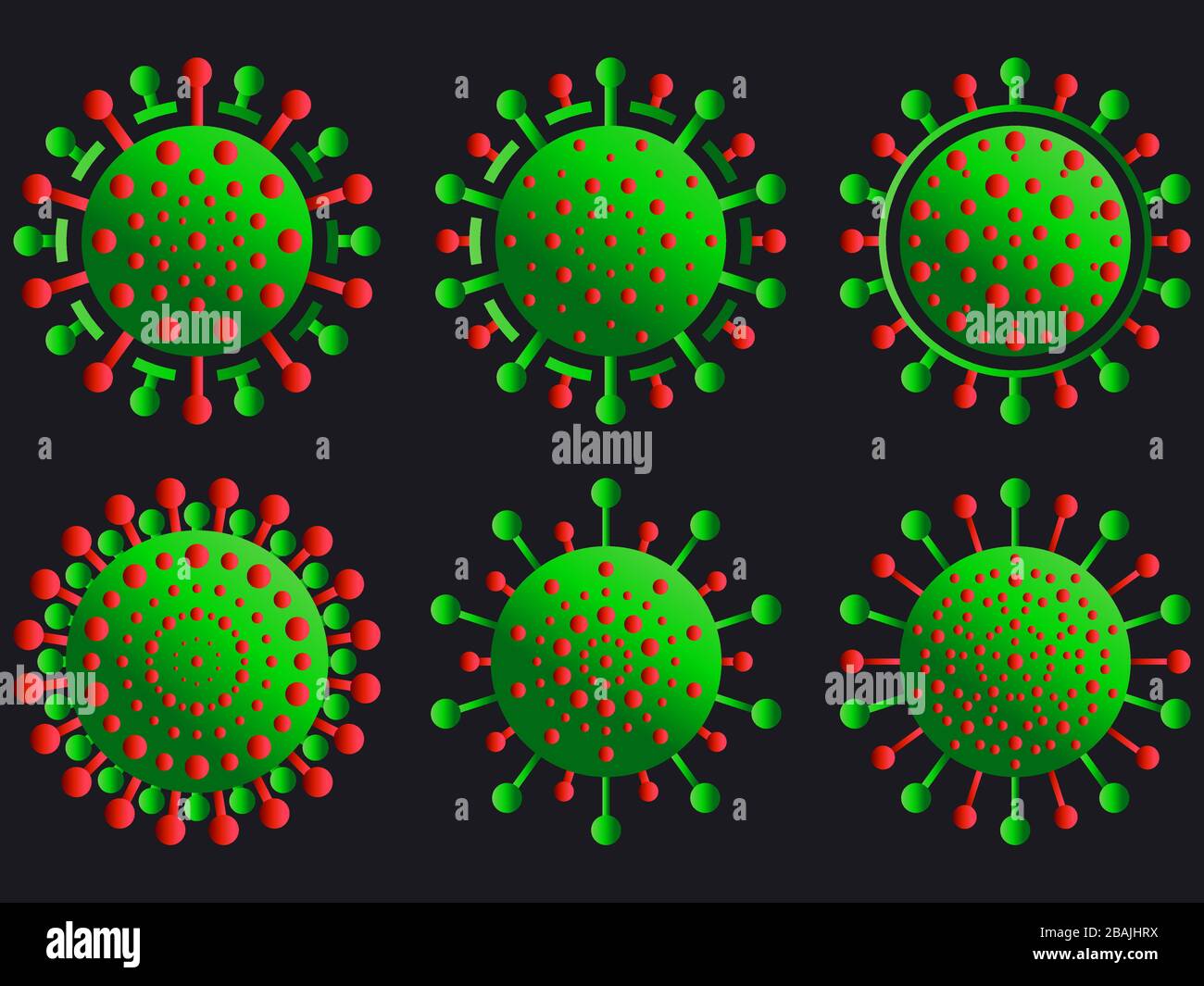 Coronavirus disease COVID-19 icons set. Virus cell isolated on black ...