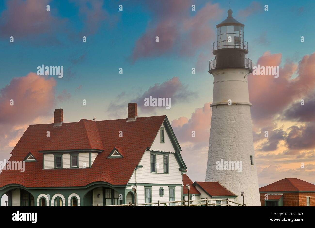 Portland Head Lighthouse in Hazy Dusk Stock Photo