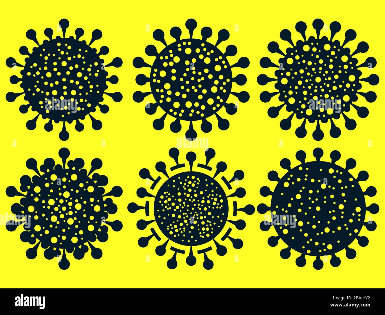 Coronavirus disease COVID-19 icons set. Virus cell isolated on yellow ...