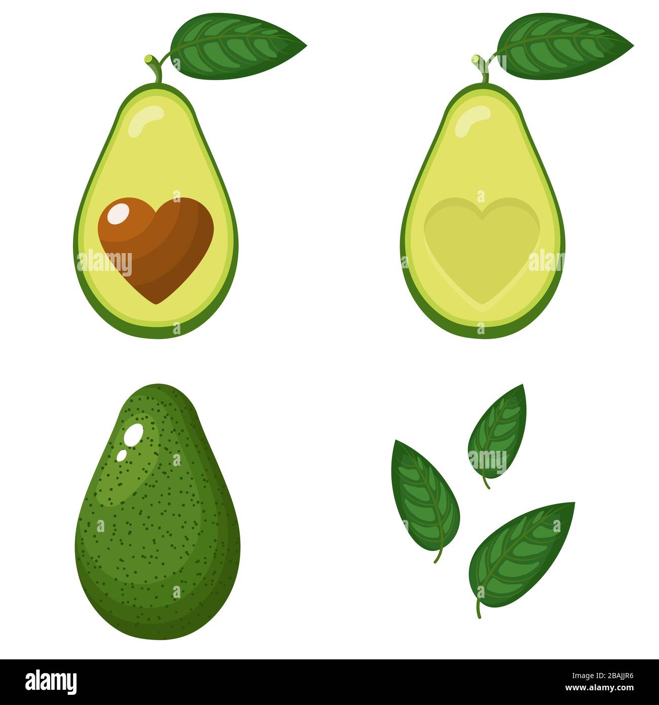 Set of fresh whole, half, cut slice and leaves avocado with heart ...