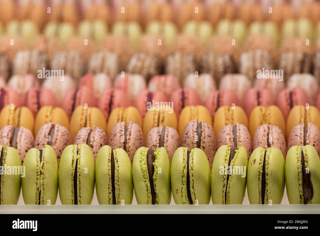 assorted macarones of various flavors in the showcase Stock Photo