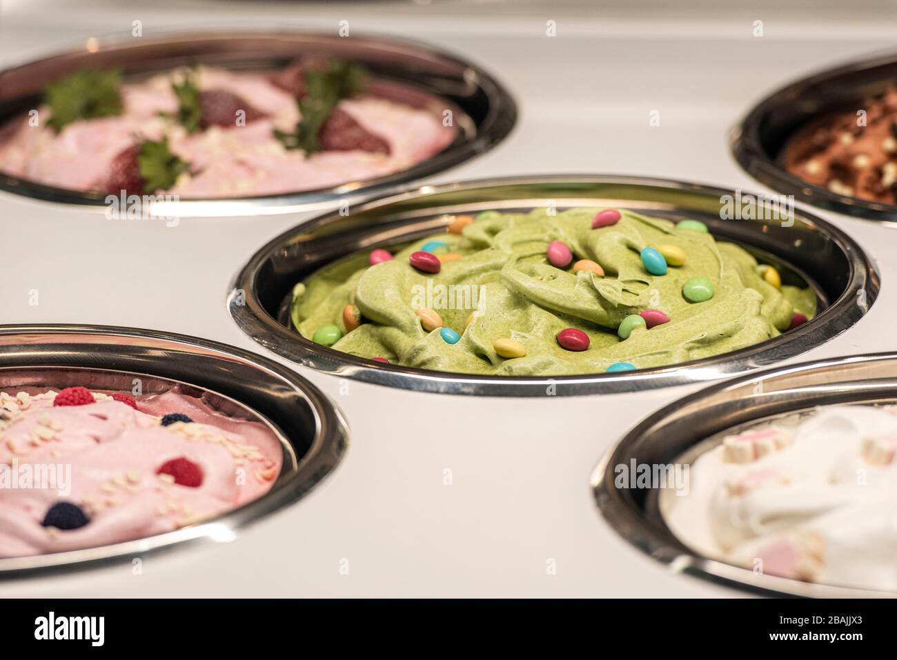 Tubs of ice cream in the ice cream parlour Stock Photo