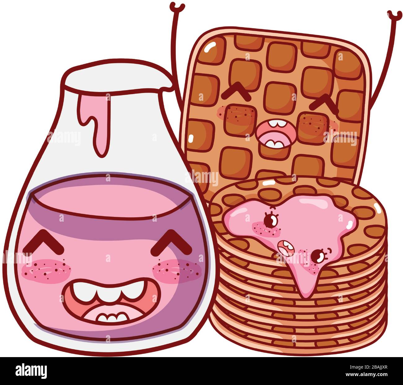 breakfast cute pancakes and waffle with yogurt bottle cartoon vector