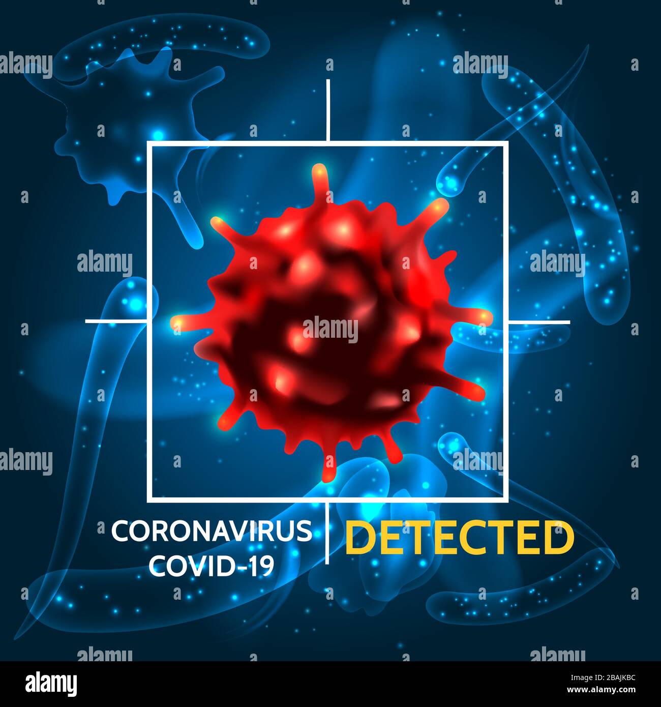 Coronavirus COVID-19 poster or banner on dark background. COVID-19 Detecting and treatment theme. Vector illustration. Stock Vector