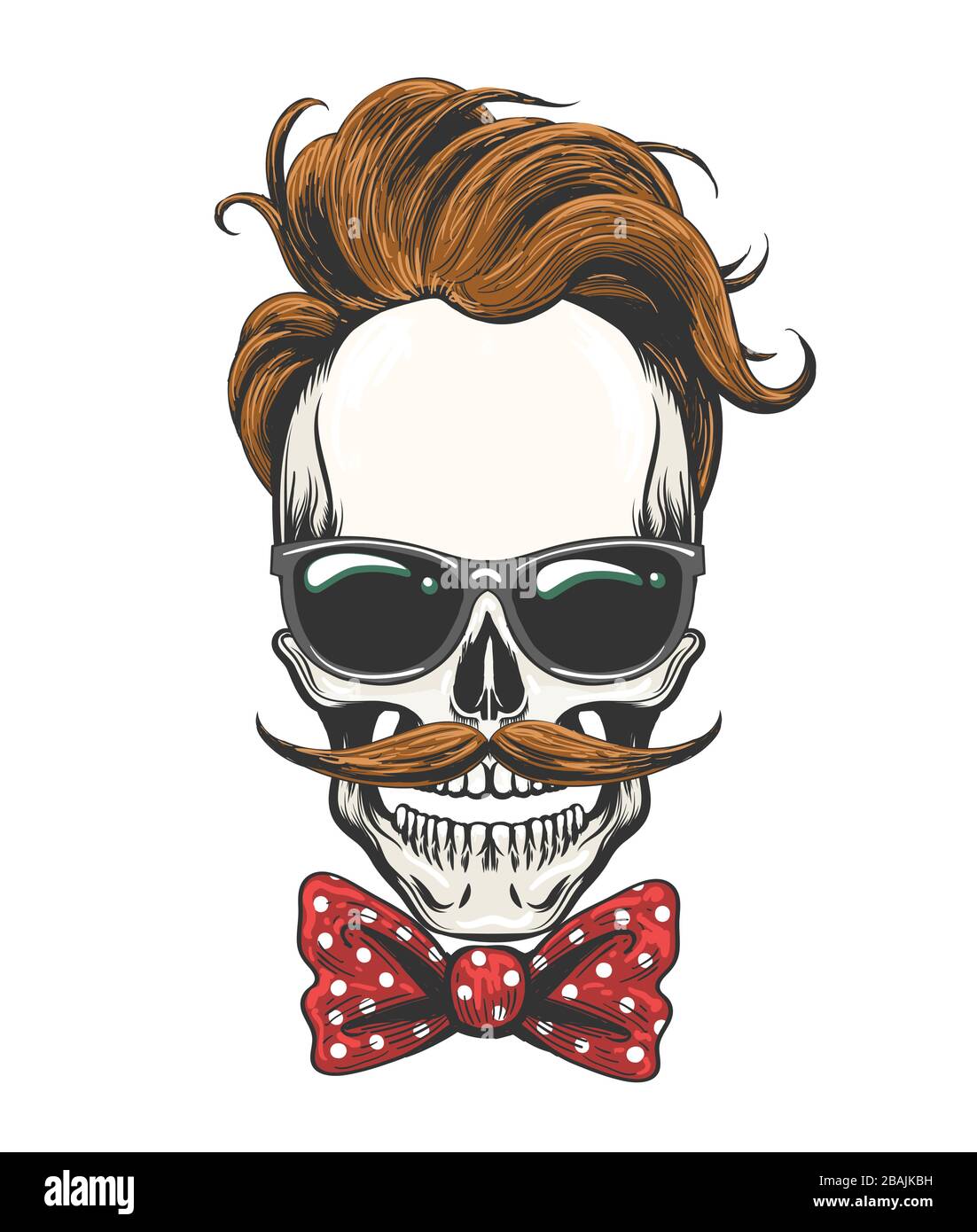 Skull with a hairstyle, mustache in a glasses and bow tie. Vector illustration. Stock Vector