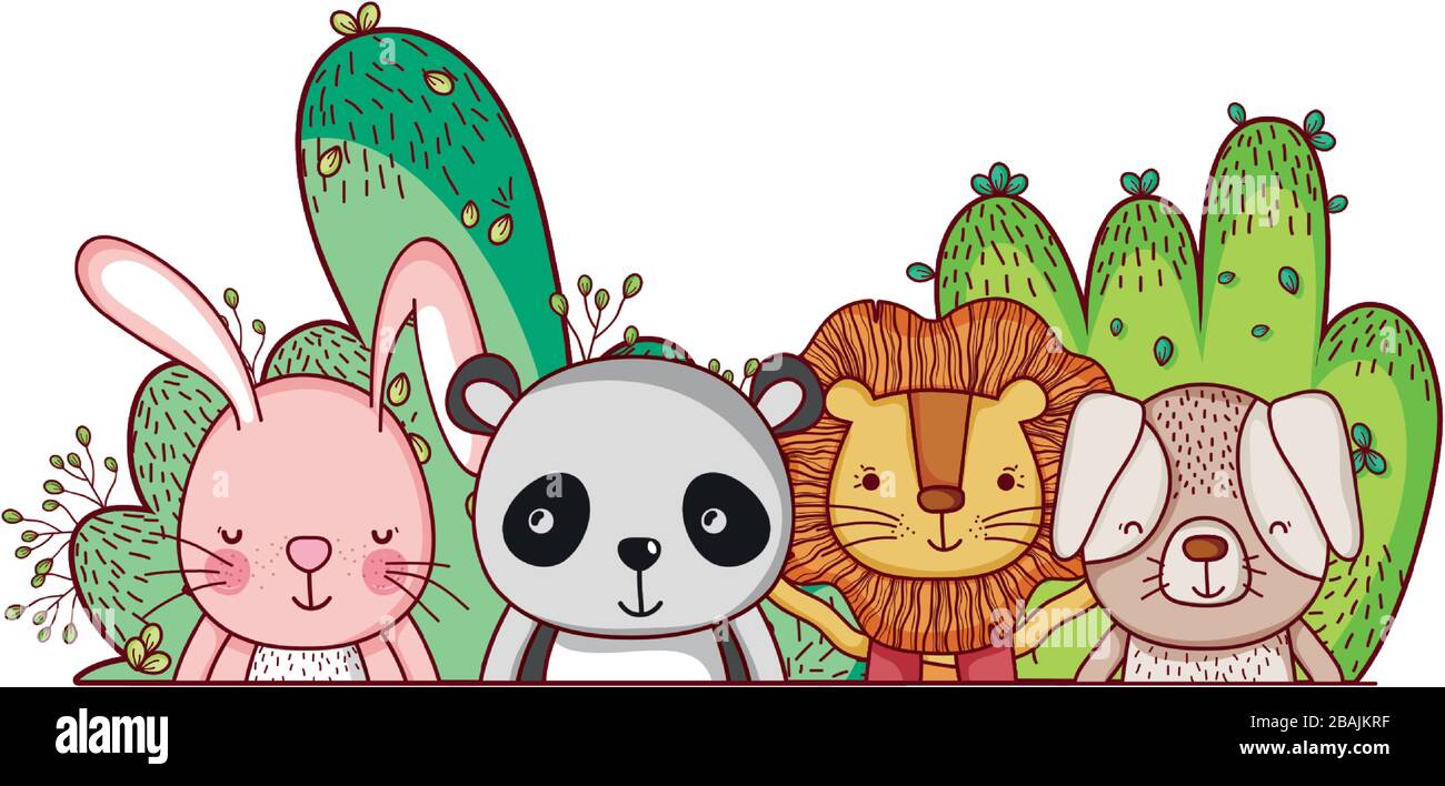 cute animals, little lion rabbit panda dog bushes foliage cartoon ...