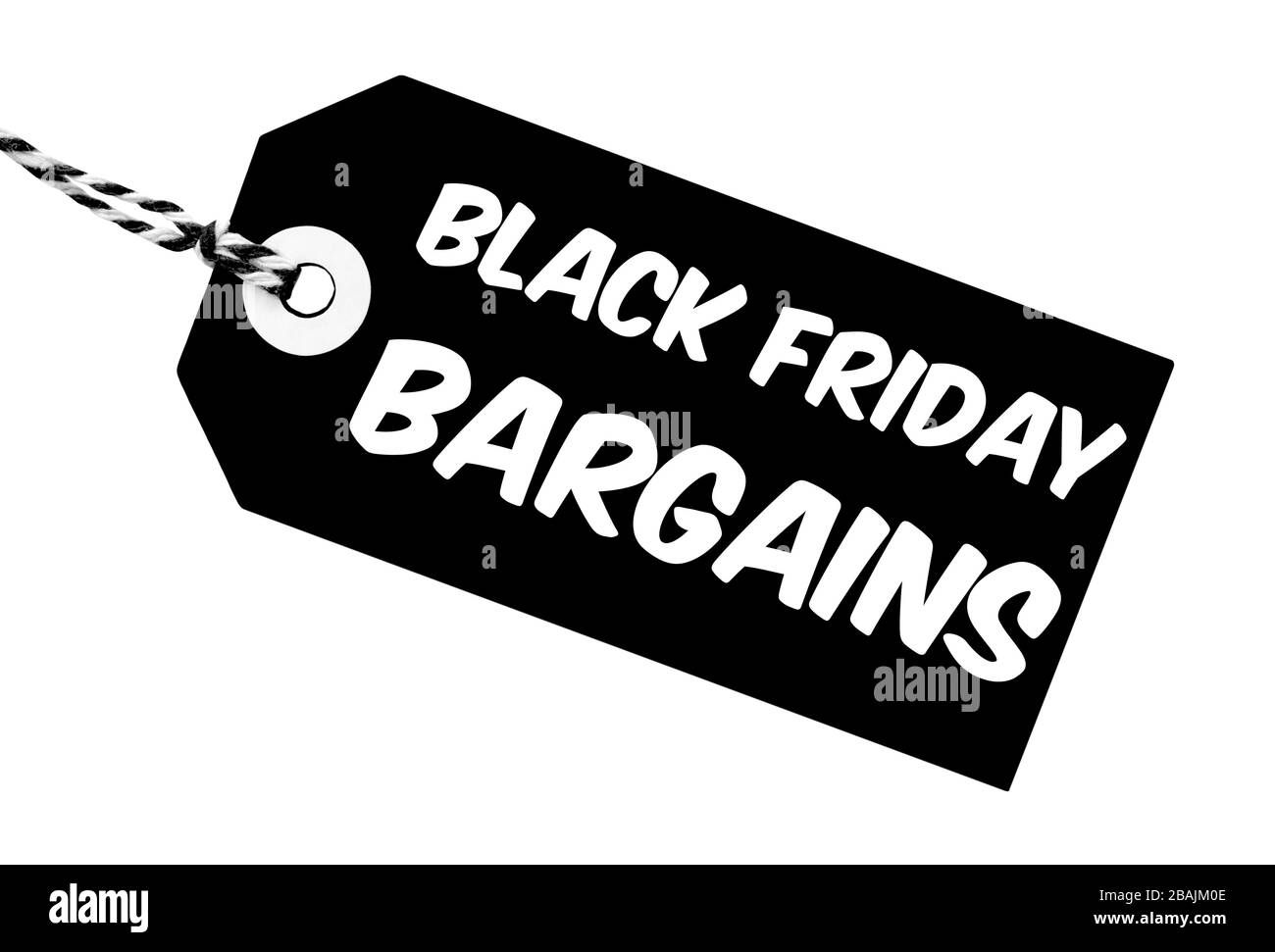 Black Friday Bargains label made from cardboard with string on an isolated white background Stock Photo