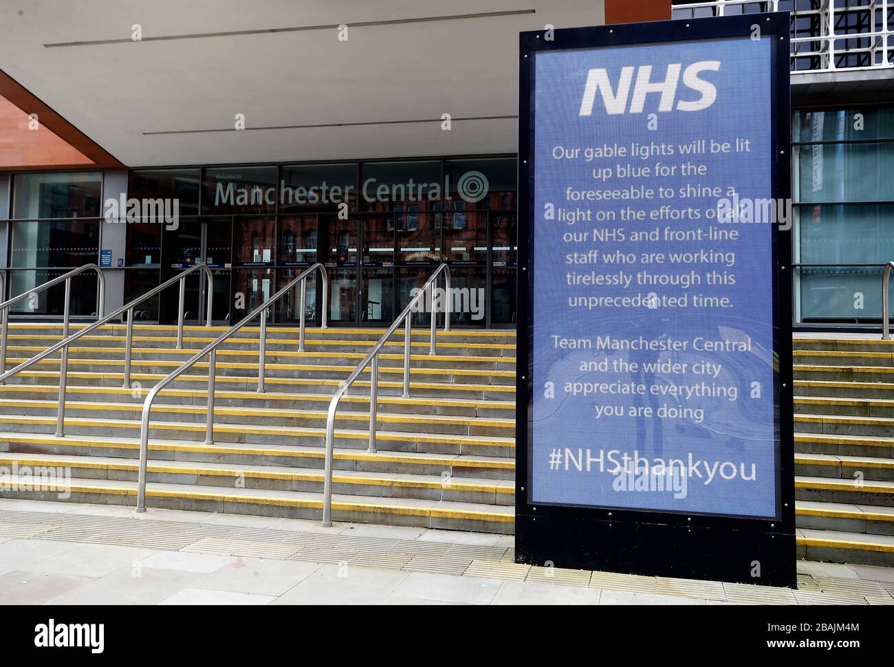 A sign of support for the NHS outside the Manchester Central Convention Centre as the UK continues in lockdown to help curb the spread of the coronavirus. Stock Photo