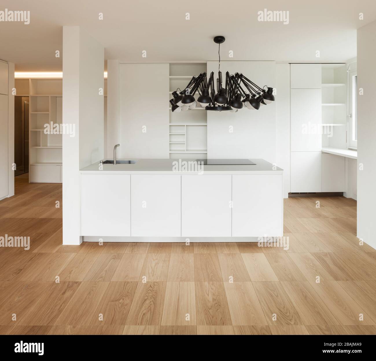 Architecture, white domestic kitchen of a new apartment Stock Photo