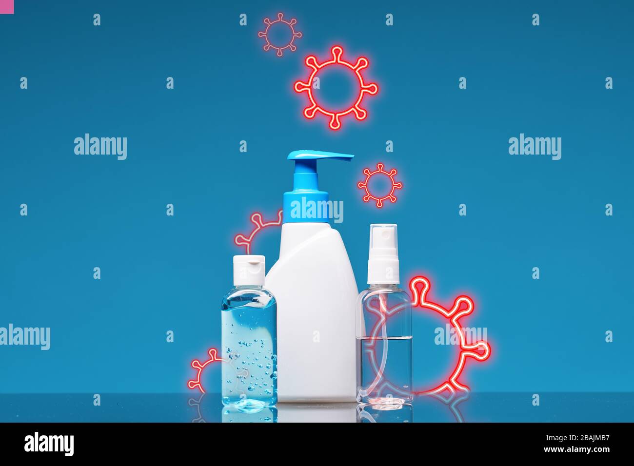 Bottles with antiseptic liquid soap, spray and gel protect against viruses and bacteria. Concept of hand washing, hygiene and prevention from the Covi Stock Photo