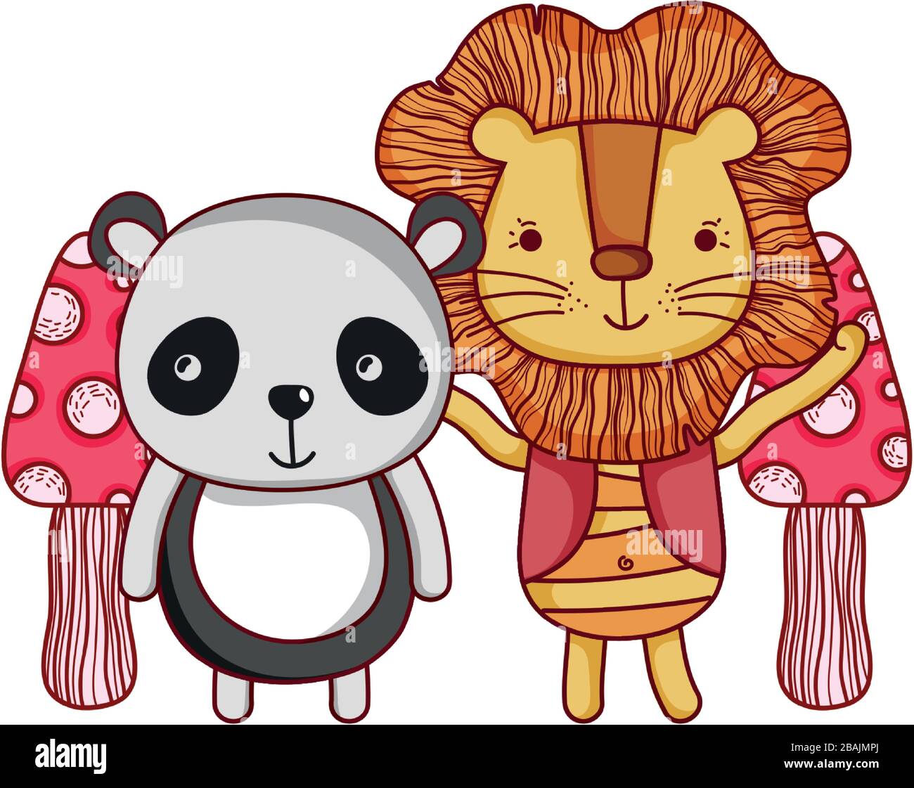 cute animals, cute lion and panda mushroom nature cartoon vector ...