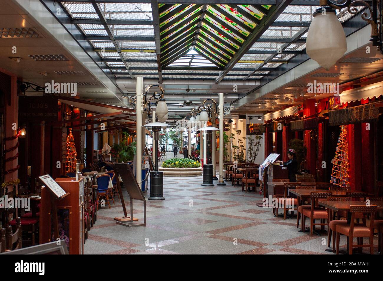 Arcade with restaurants and Christmas Trees, Causeway Bay, Hong Kong
