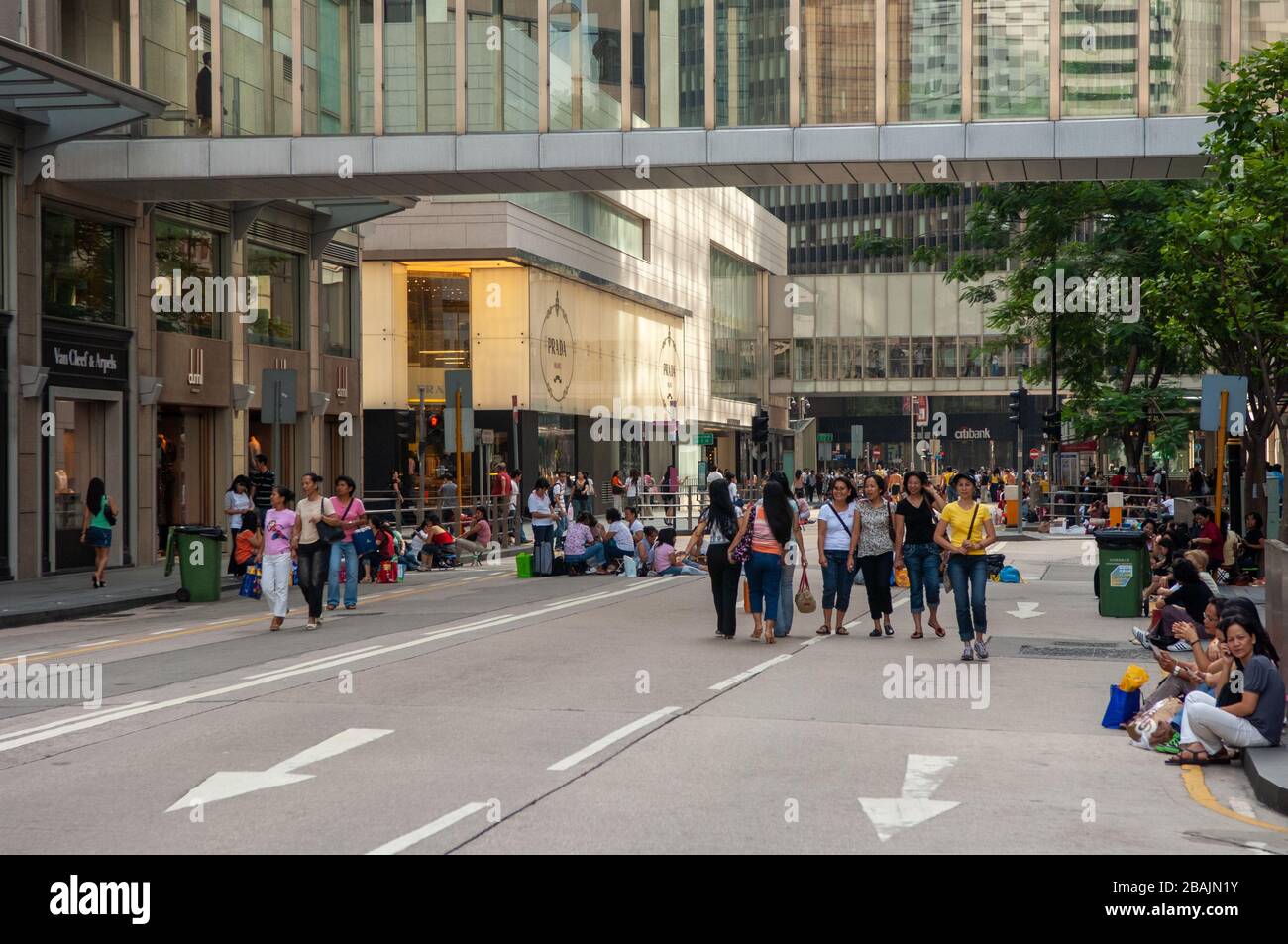 Foreign workers on their day off make the central area of Hong Kong very crowded. Stock Photo