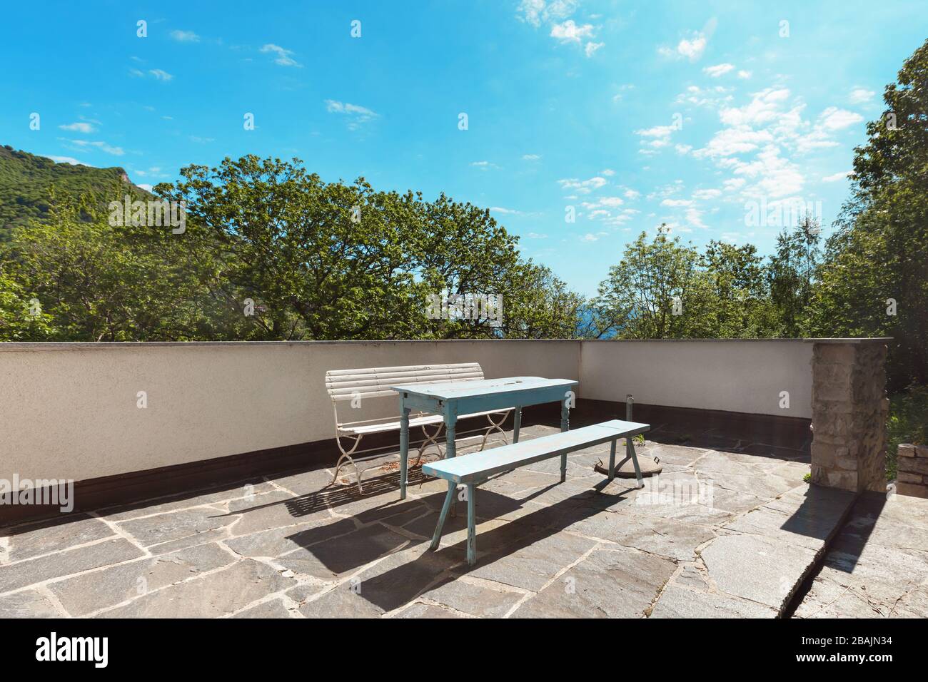 country house in the woods, terrace, flooring stone Stock Photo Alamy