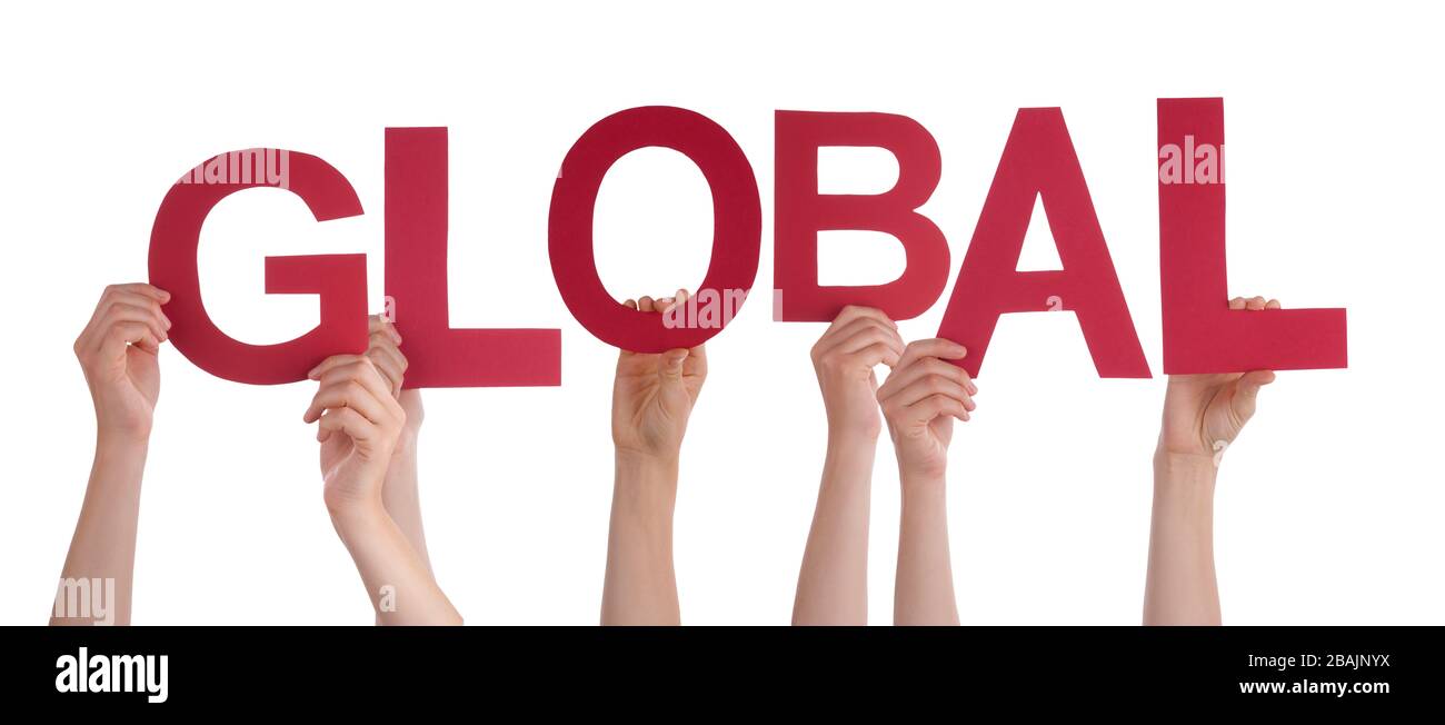 People Hands Holding Word Global, Isolated Background Stock Photo