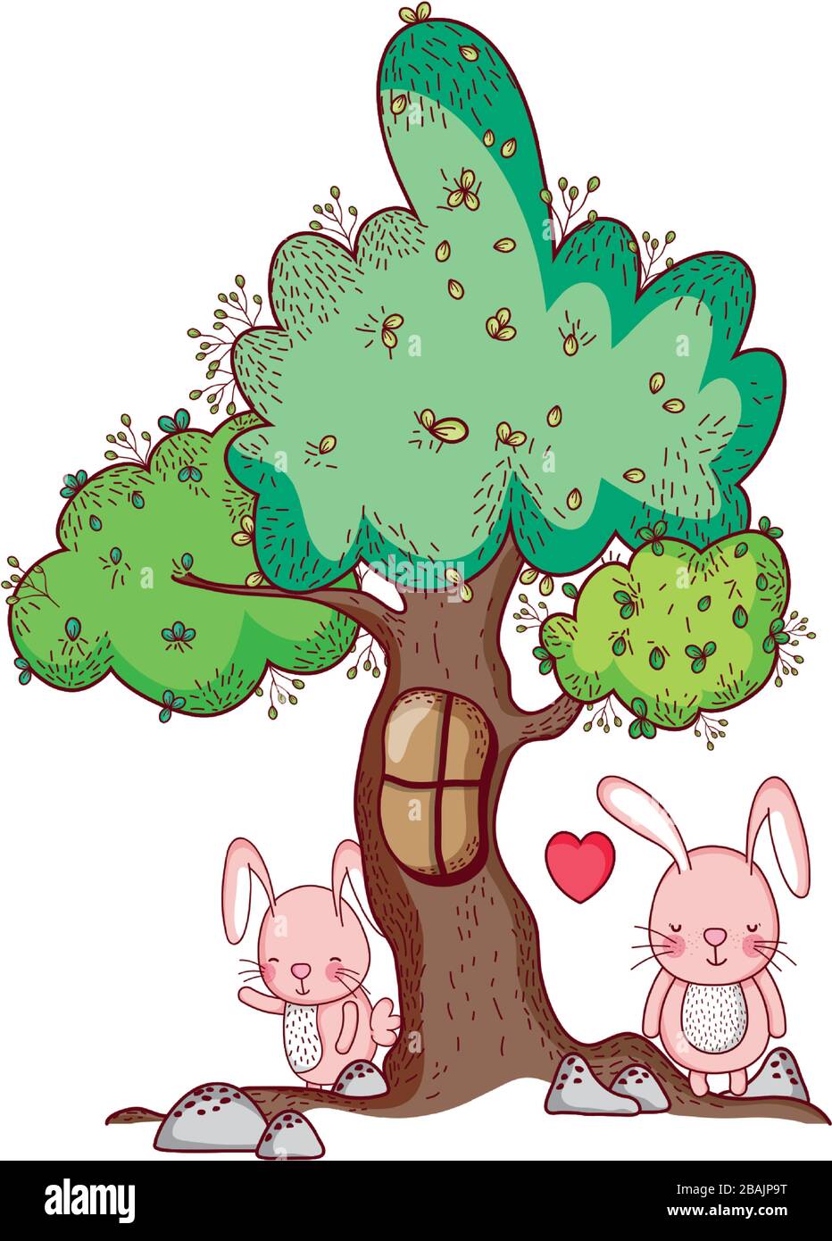cute animals, bunnies tree foliage nature botanical isolated design vector illustration Stock Vector