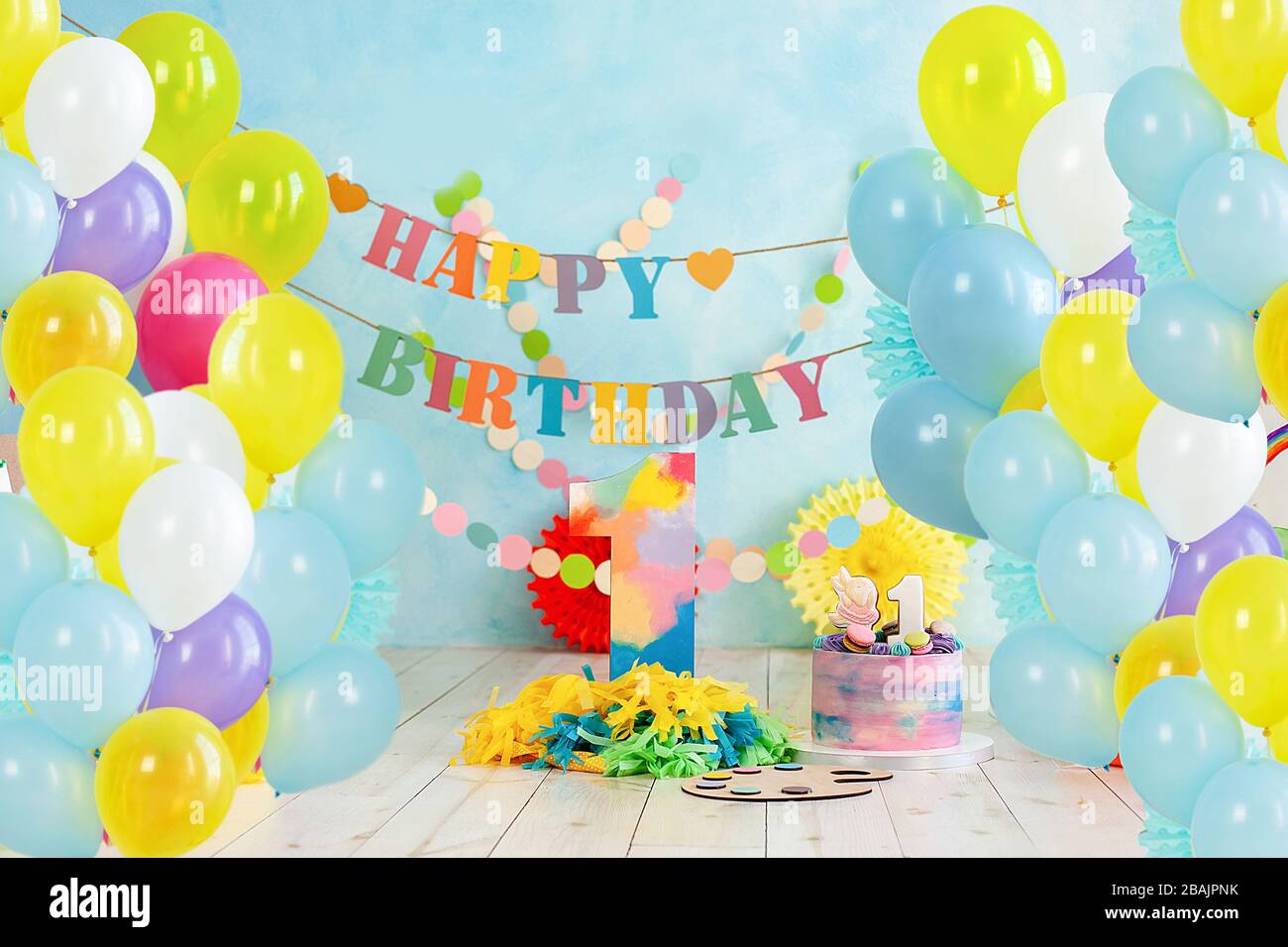 First birthday smash the cake. Festive background decoration for birthday  with cake, Cake Smash first year concept. birthday greetings. colorful  ballo Stock Photo - Alamy