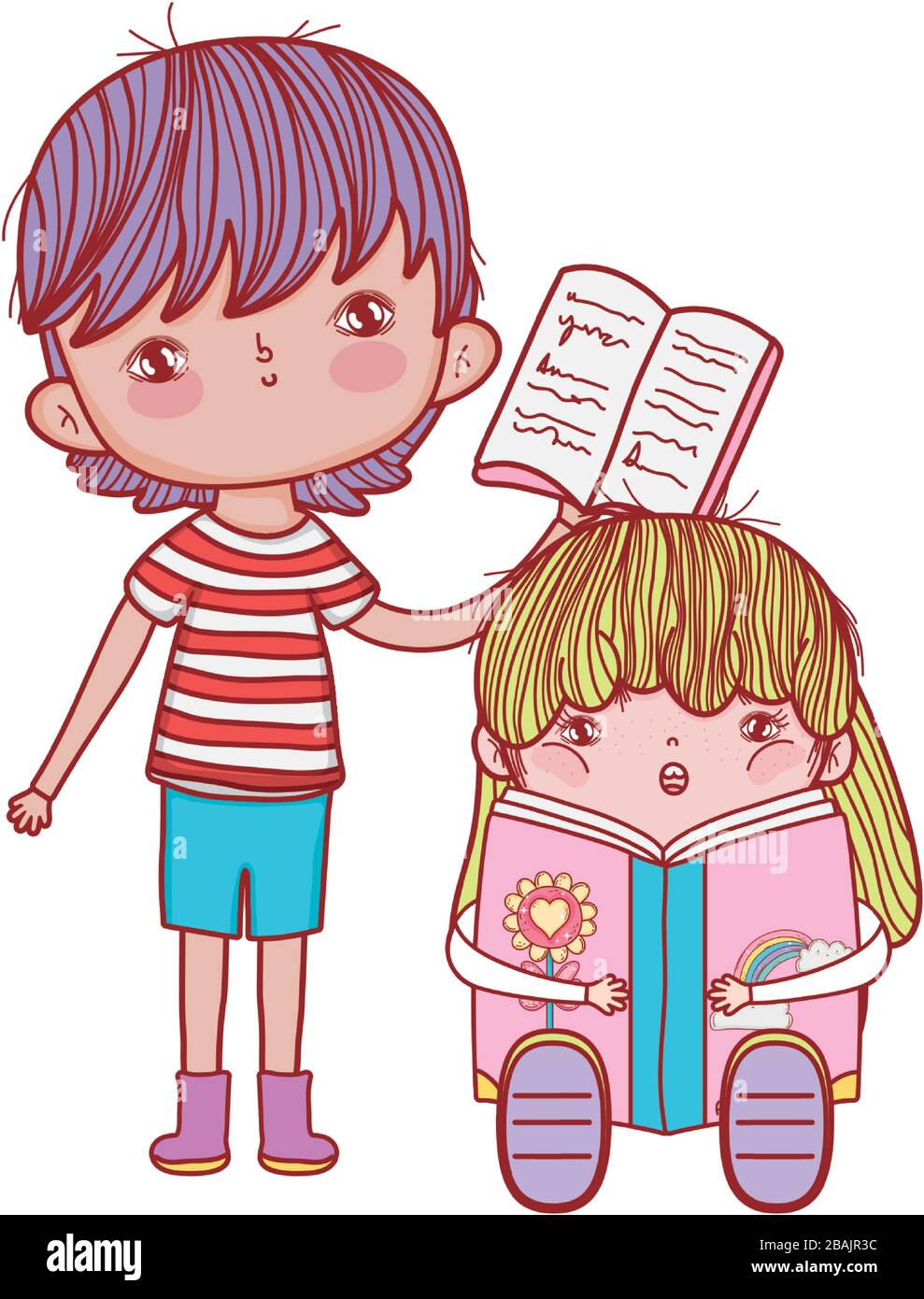 boy with open book and girl sitting reading fantasy book vector ...