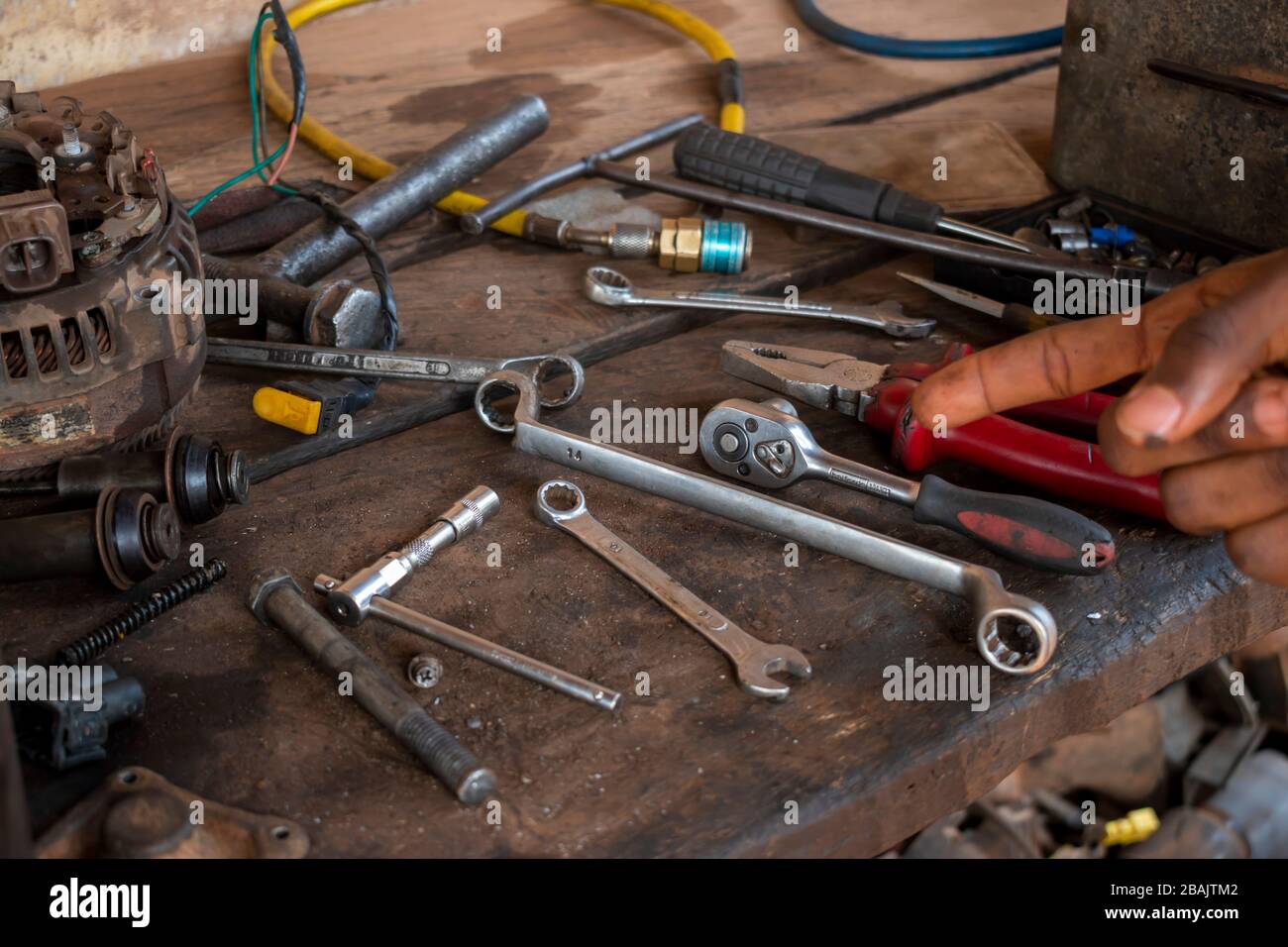 hand screwdriver spanner and tools on a mechanical table Stock Photo - Alamy