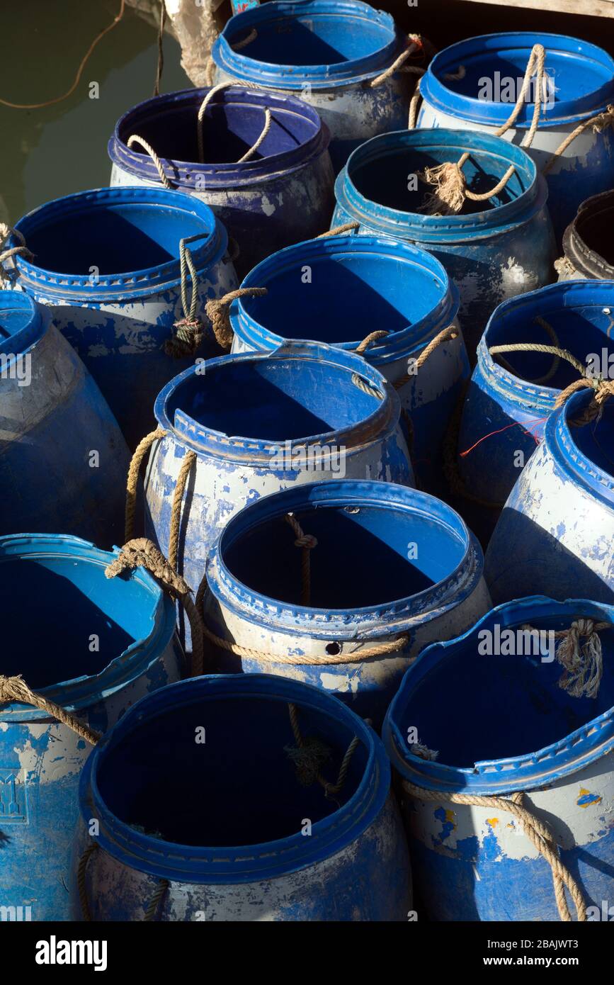Large plastic Fish bucket Crates on a fishing boat Stock Photo Alamy