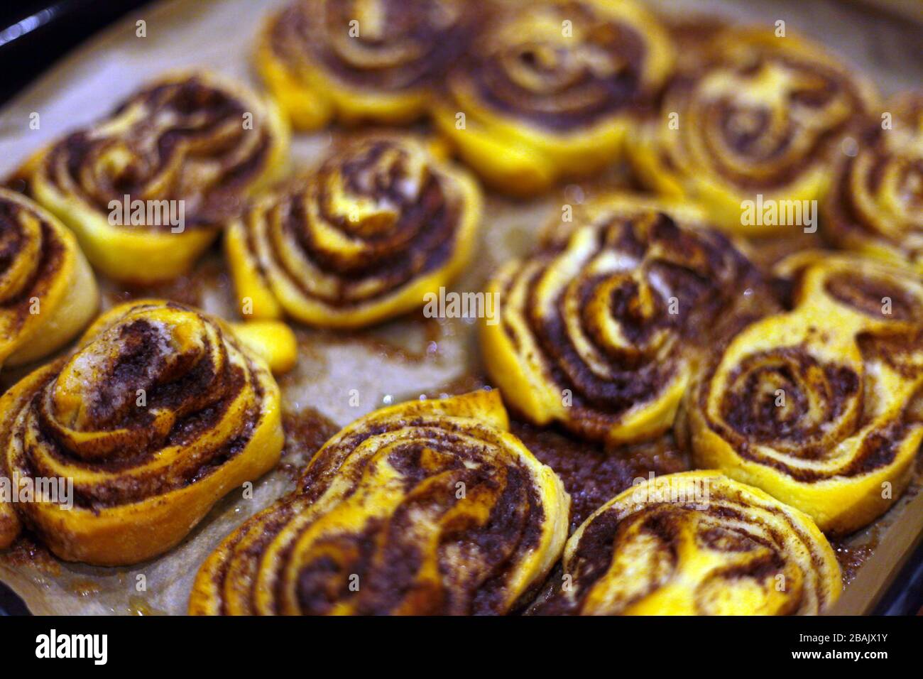 sweet rolls with cinnamon on the tray - backery or cooking at home. A detail of raw cinnamon buns - very shallow depth of field. Stock Photo
