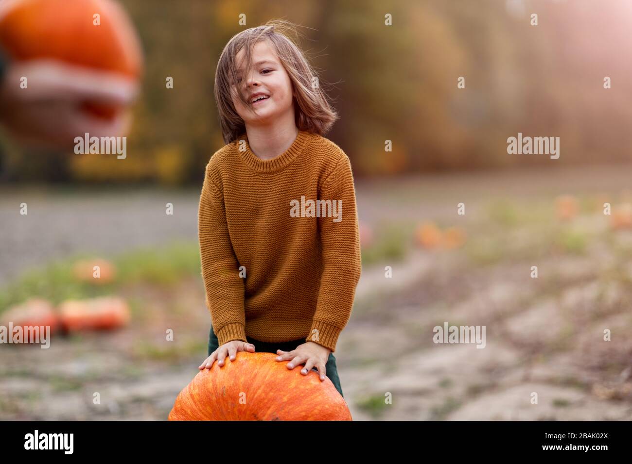 Cute little boy having fun in a pumpkin patch Stock Photo