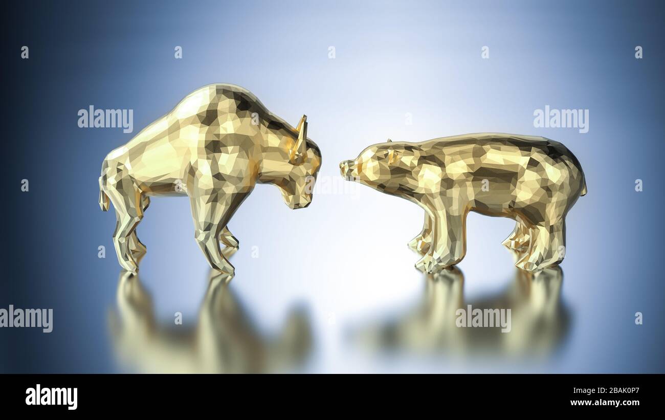 Bull and bear economy concept with 3d rendering golden bull and bear battle face to face Stock Photo