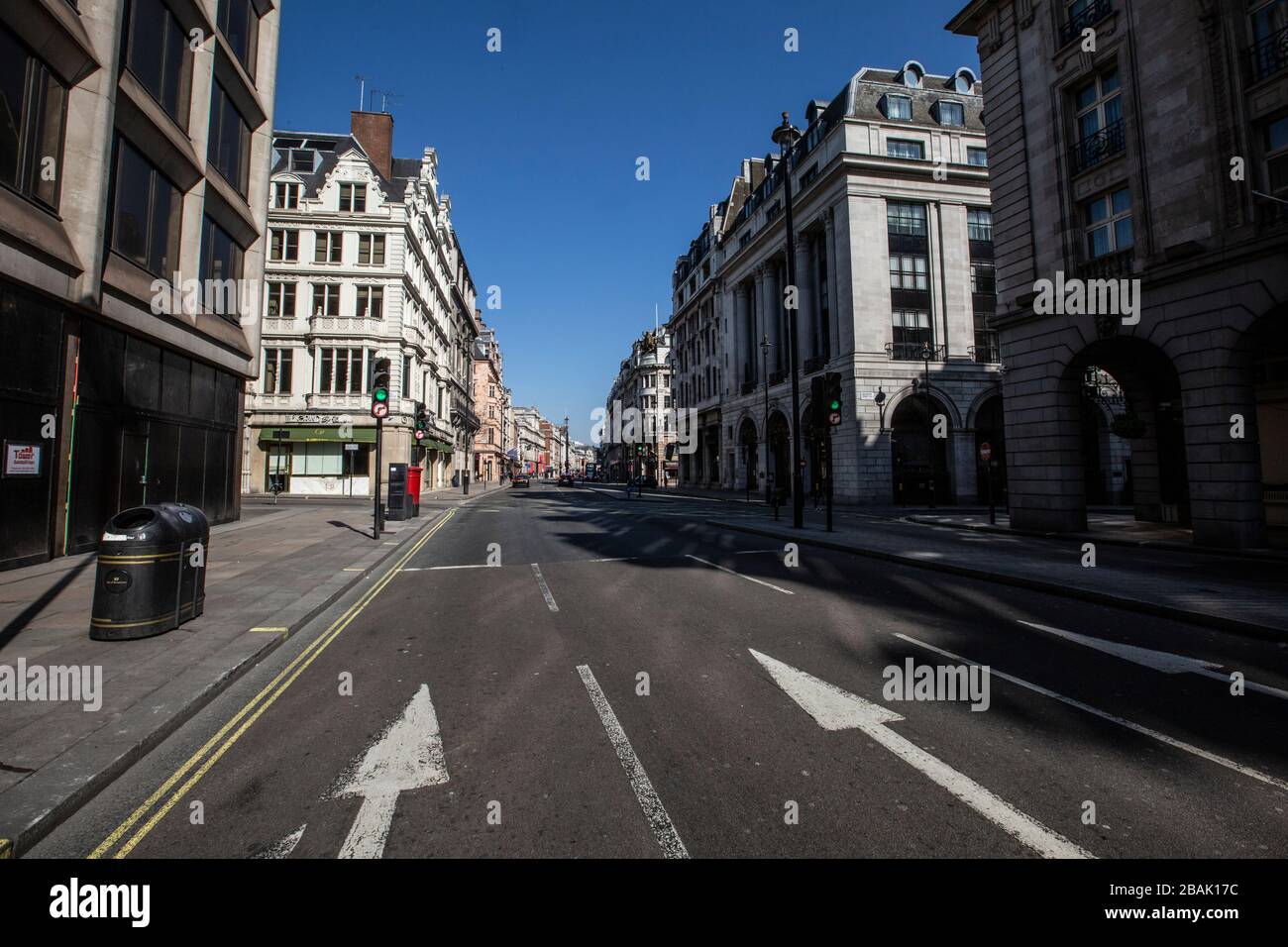 Empty streets across the Capital of London as residents and tourists are only allowed into the centre for essential travel or work due to Covid-19. Stock Photo