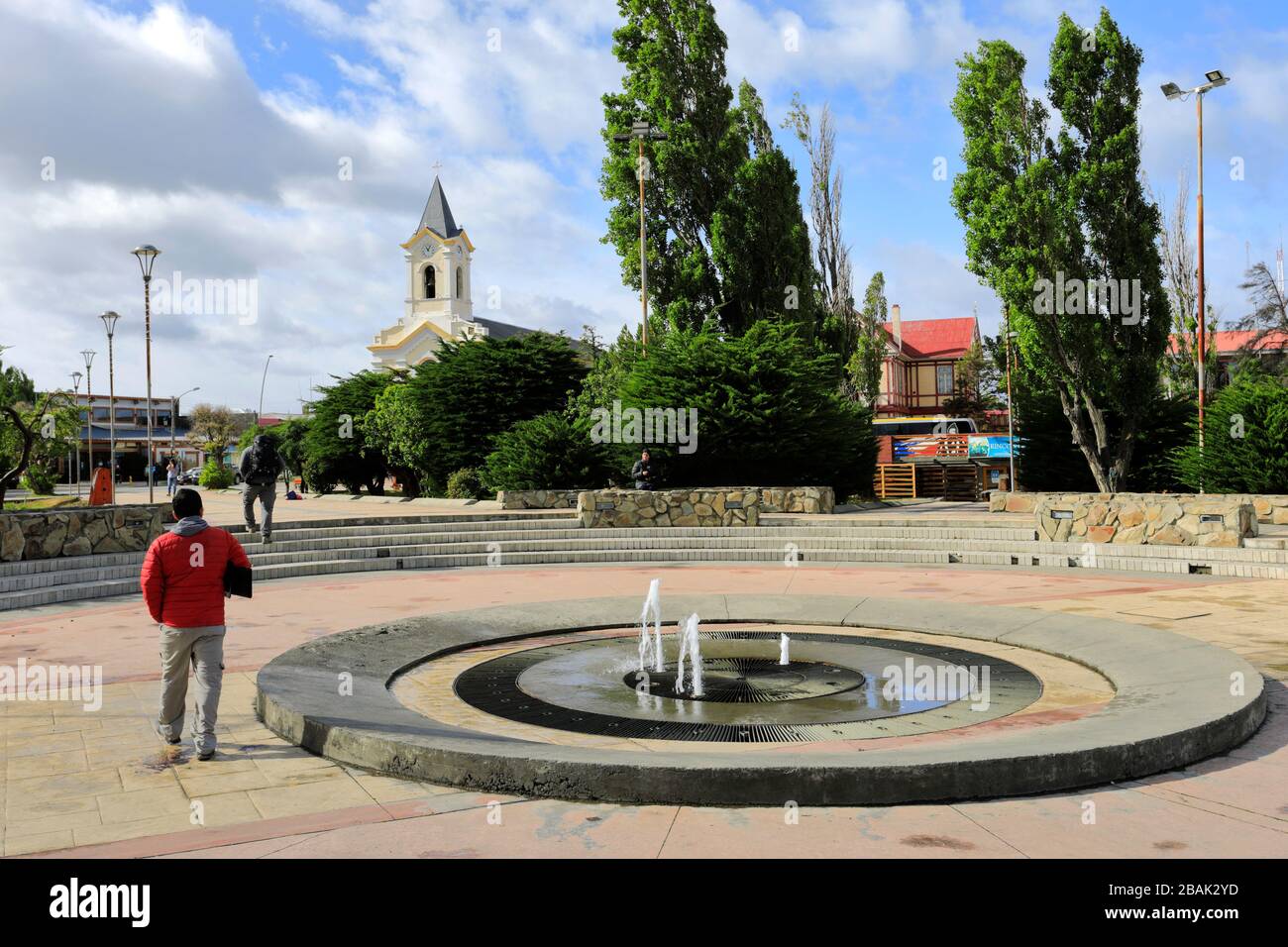 View of Plaza de Armas Arthur Prat, Puerto Natales city, Patagonia, Chile, South America Stock Photo