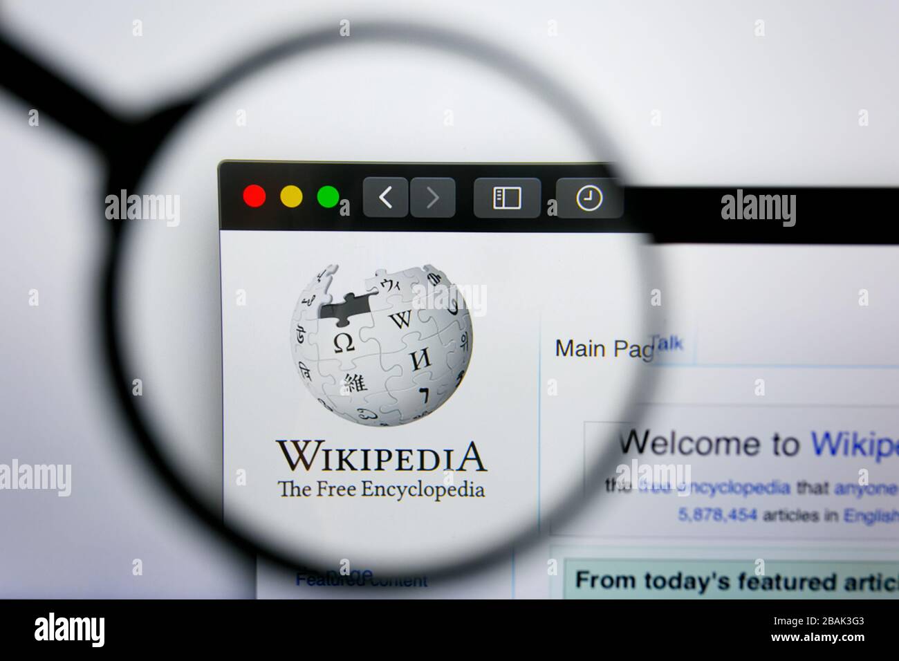 Los Angeles, California, USA - 25 June 2019: Illustrative Editorial of Wikipedia website homepage. Wikipedia logo visible on display screen. Stock Photo