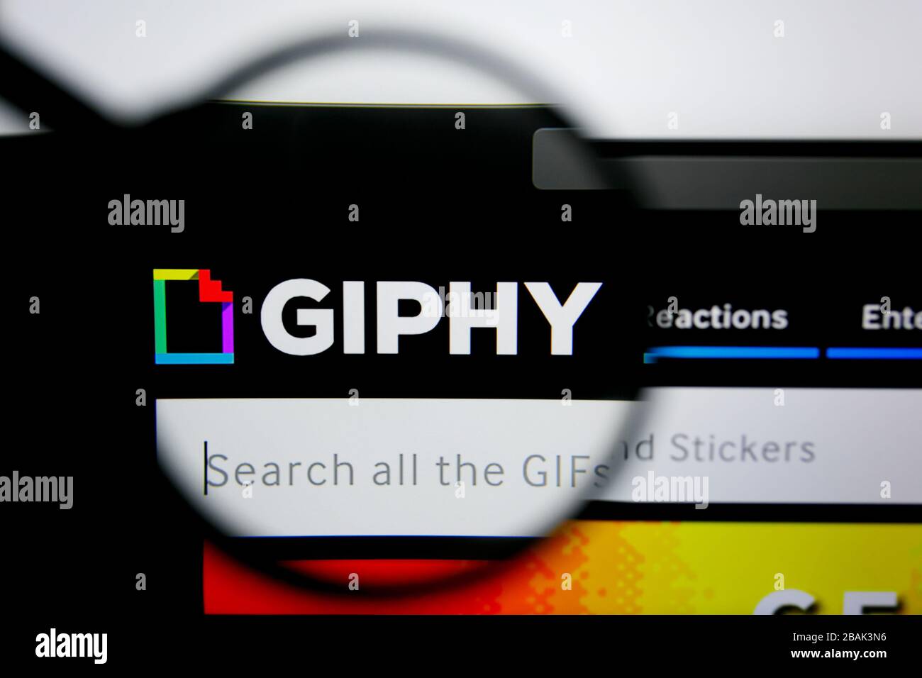 Los Angeles, California, USA - 25 June 2019: Illustrative Editorial of Giphy website homepage. Giphy logo visible on display screen. Stock Photo