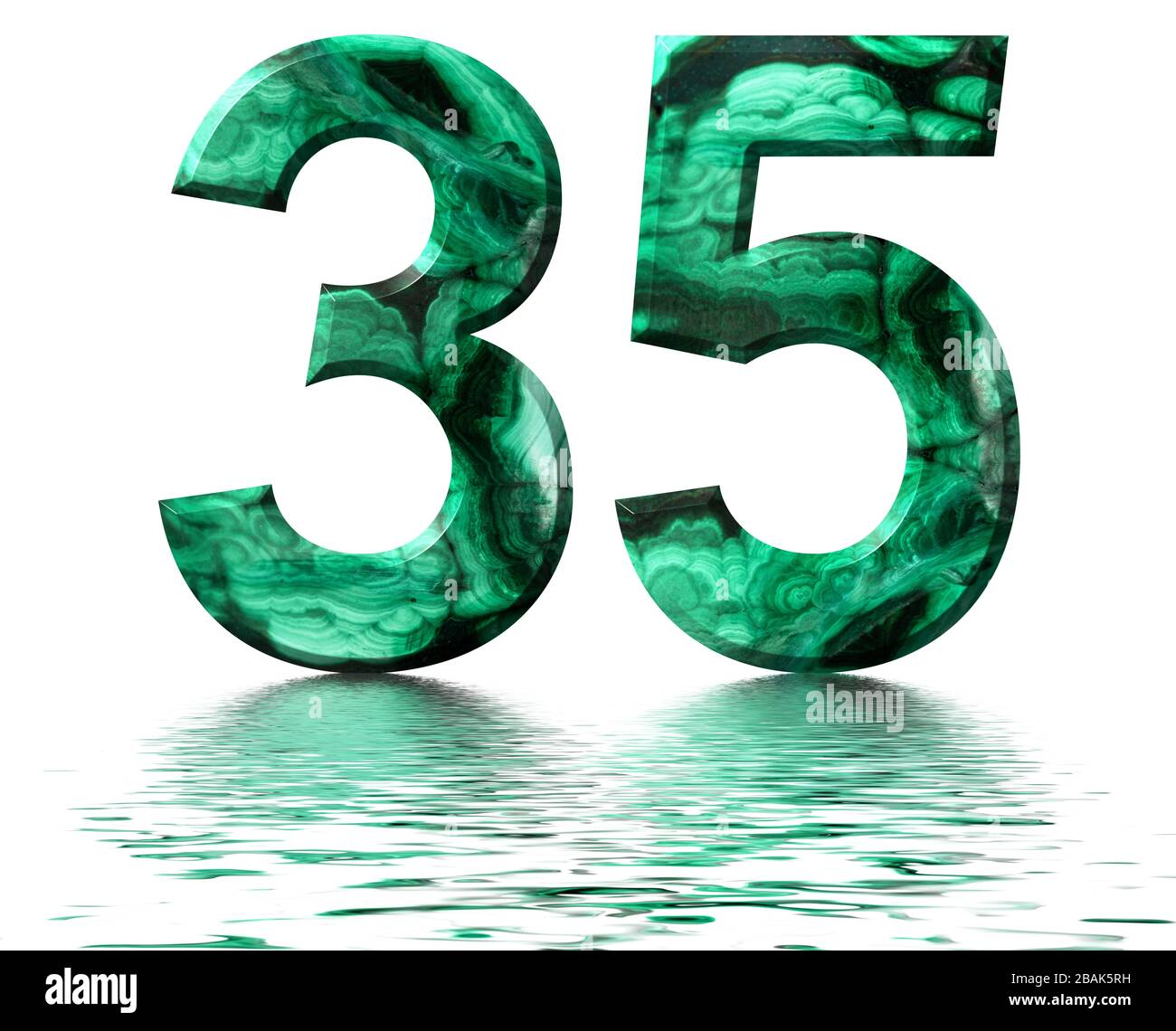 Arabic numeral 35, thirty five, from natural green malachite, reflected ...