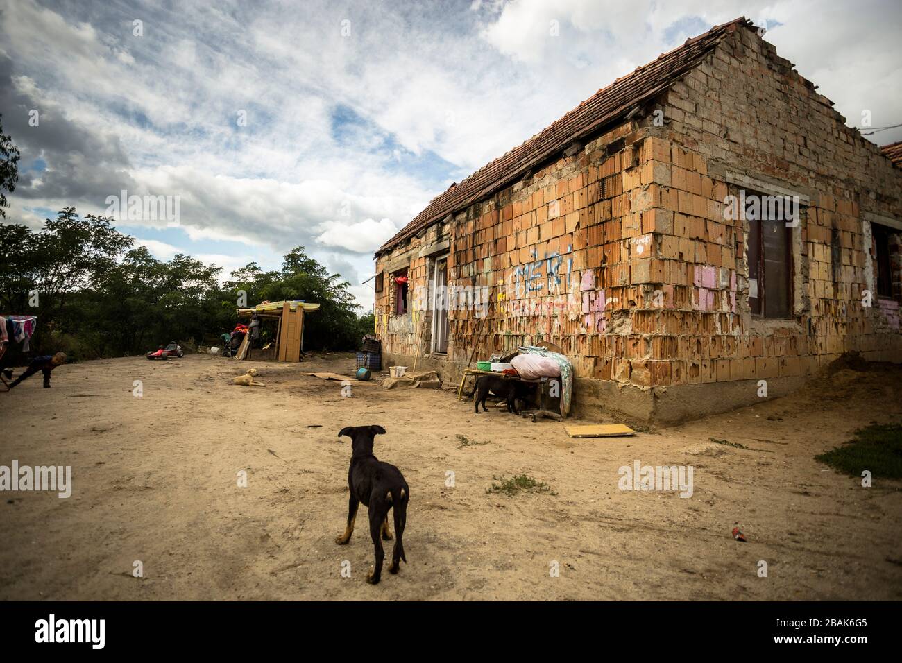 House in a poor gypsy (roma) segregation in rural Hungary Stock Photo