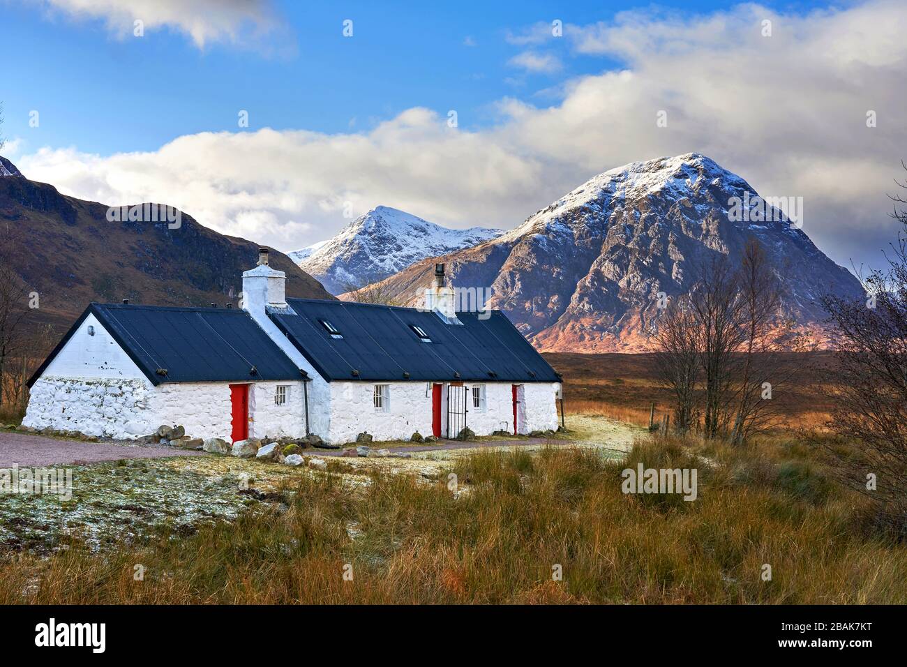 Blackrock Cottage with Buachaille Etive Mor in background near Glencoe Rannoch Moor Highlands of Scotland Stock Photo