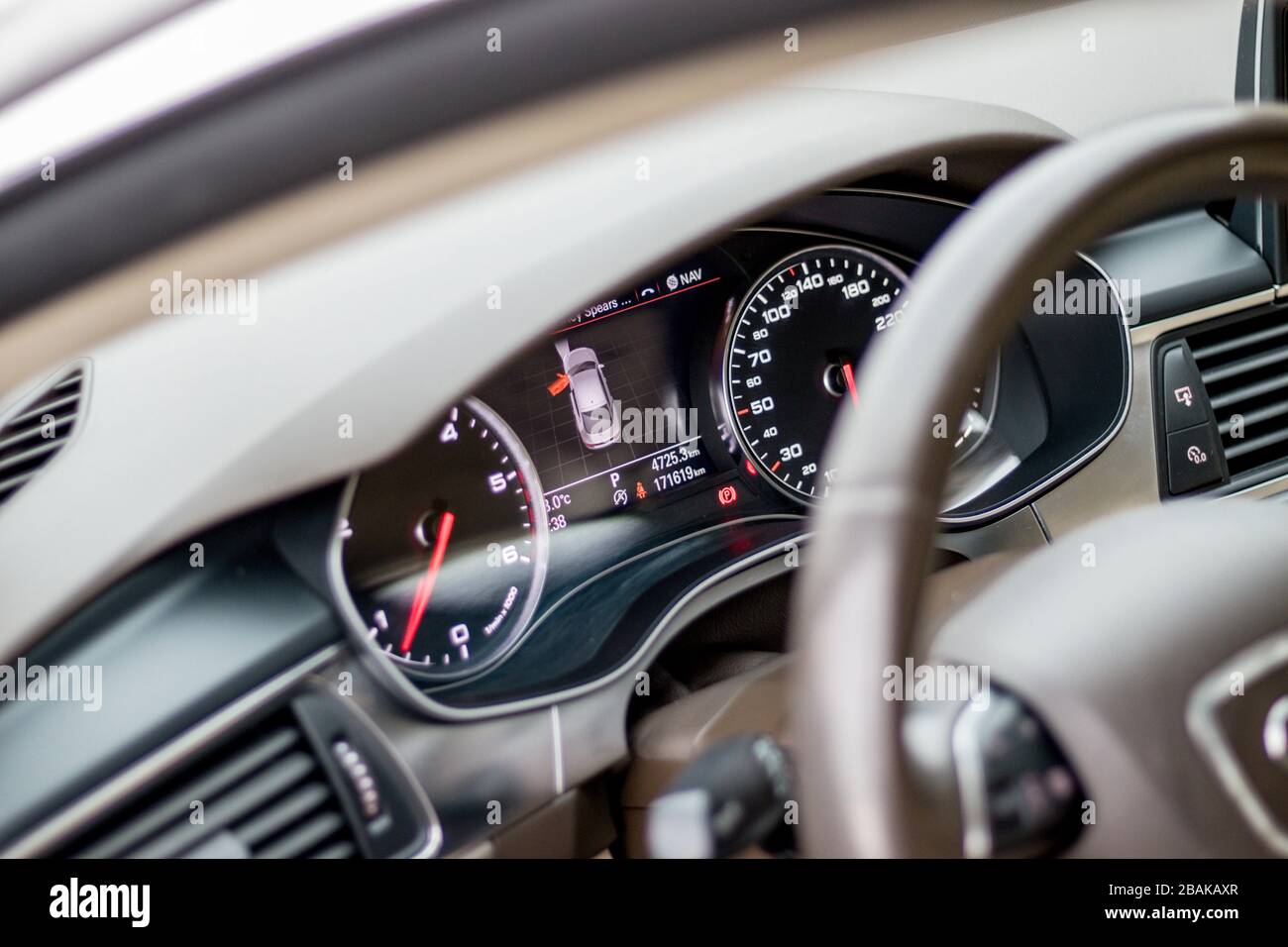 Car dashboard instrument cluster.Car panel indicators, yellow, red