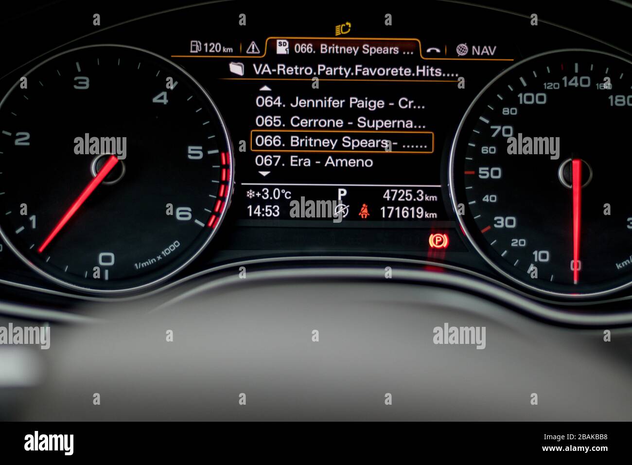 Car dashboard instrument cluster.Car panel indicators, yellow, red