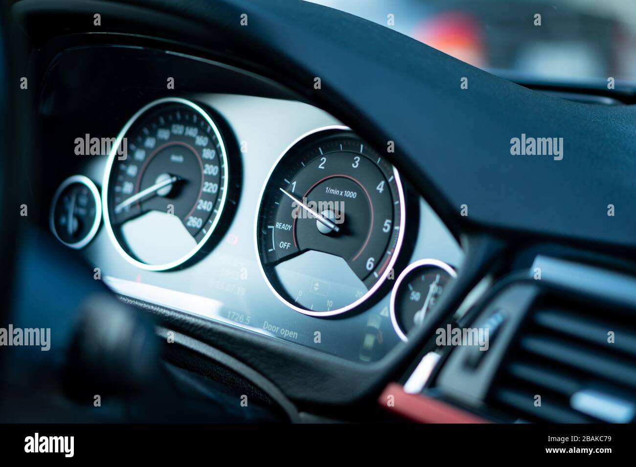 Car dashboard instrument cluster.Car panel indicators, yellow, red